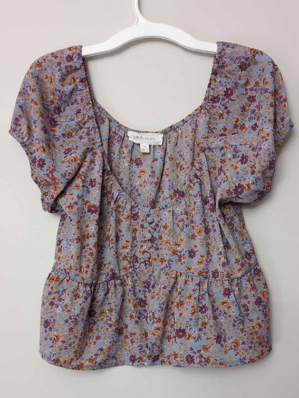 Pink Rose Medium Peplum Style Lavender Mini Floral Short Sleeve Blouse / Top